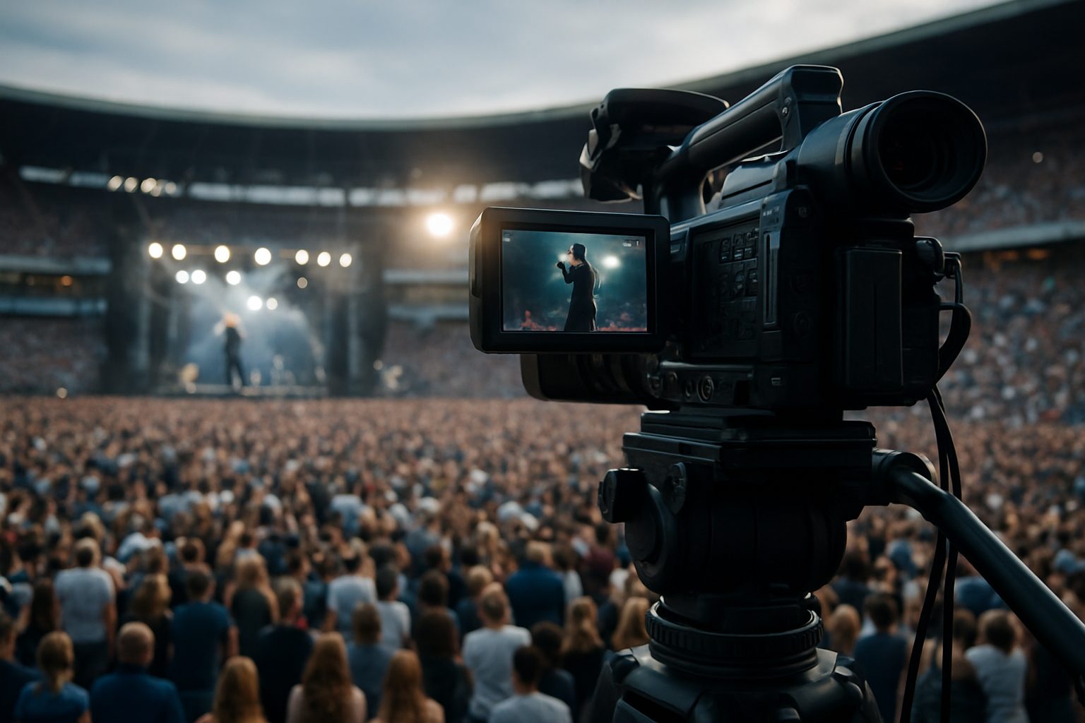 Camera focused on a large concert crowd with a performer in the background