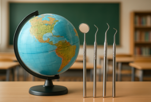 A globe and dental tools on a classroom table, symbolizing global dental education.