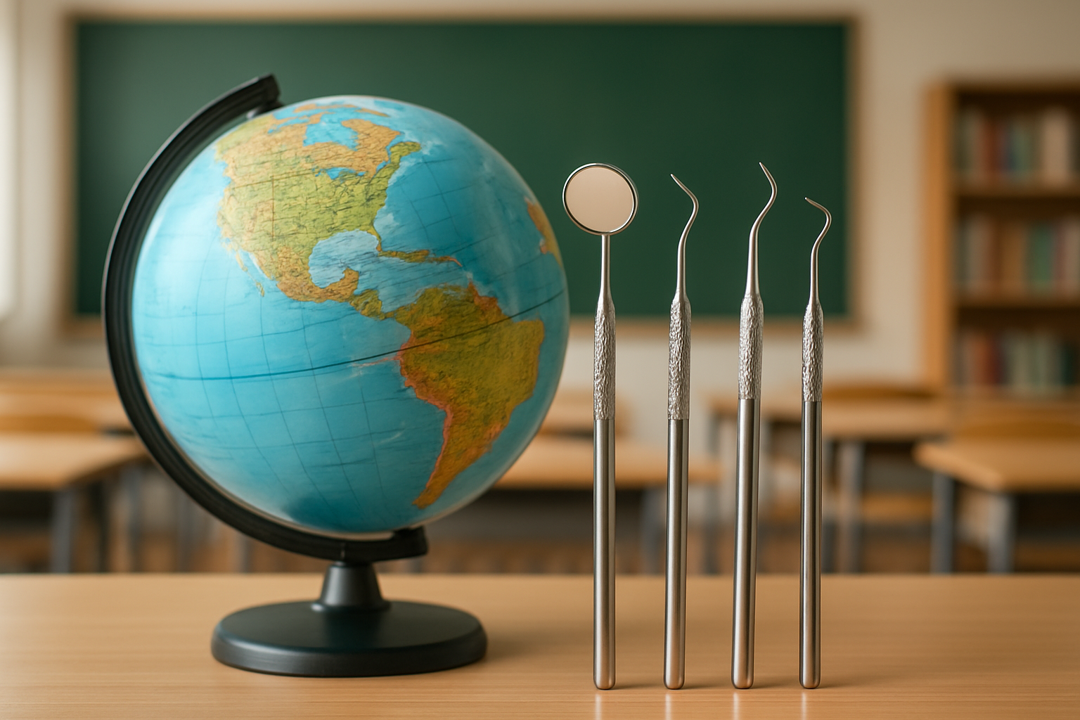 A globe and dental tools on a classroom table, symbolizing global dental education.