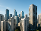 City skyline with modern architecture under a clear blue sky