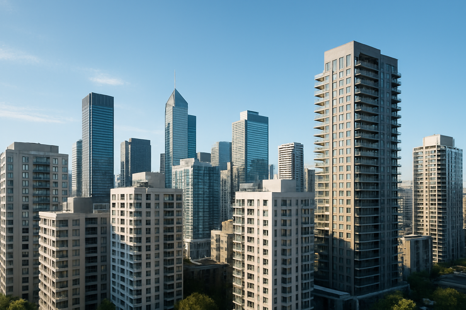 City skyline with modern architecture under a clear blue sky