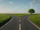 A fork in the road with a tree and a financial graph overlay in the background