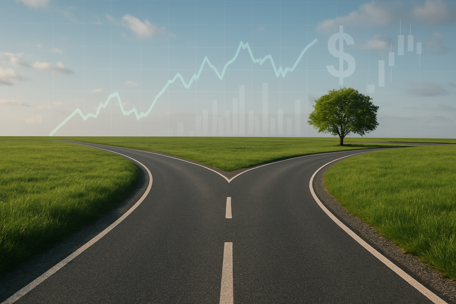 A fork in the road with a tree and a financial graph overlay in the background